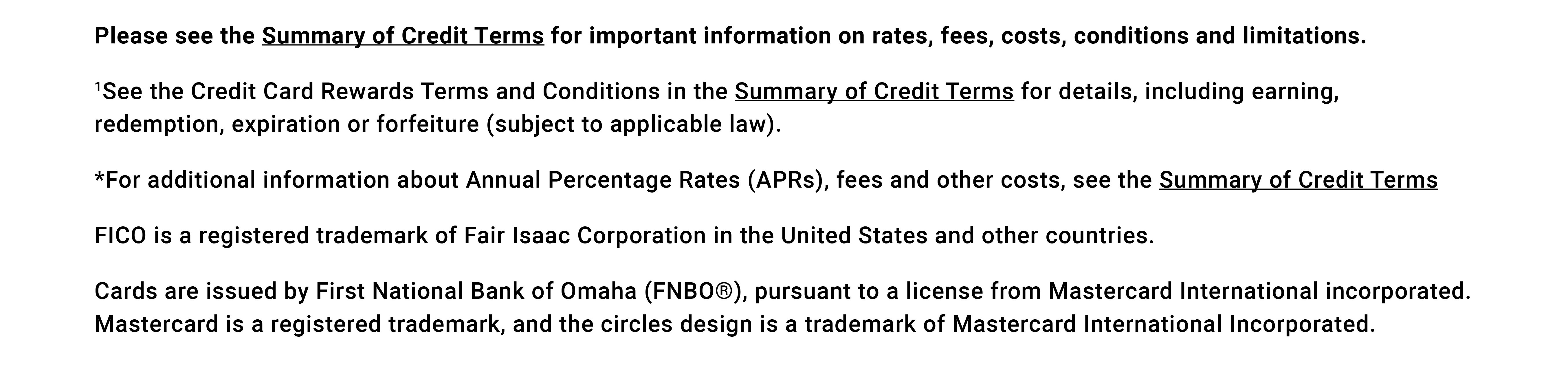 Summary of Credit Terms